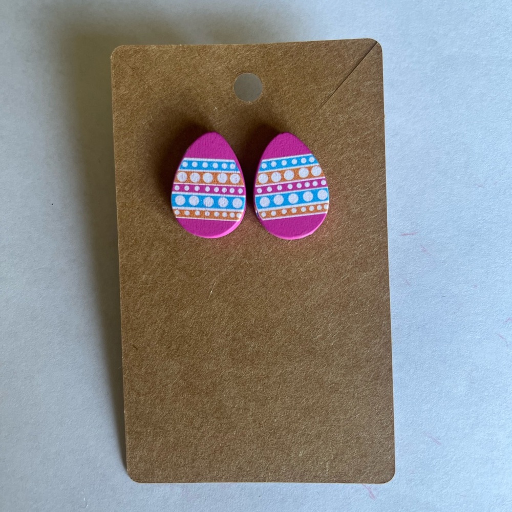 2/$15- Easter Pink Wooden Egg-Shaped Stud Earrings Handmade